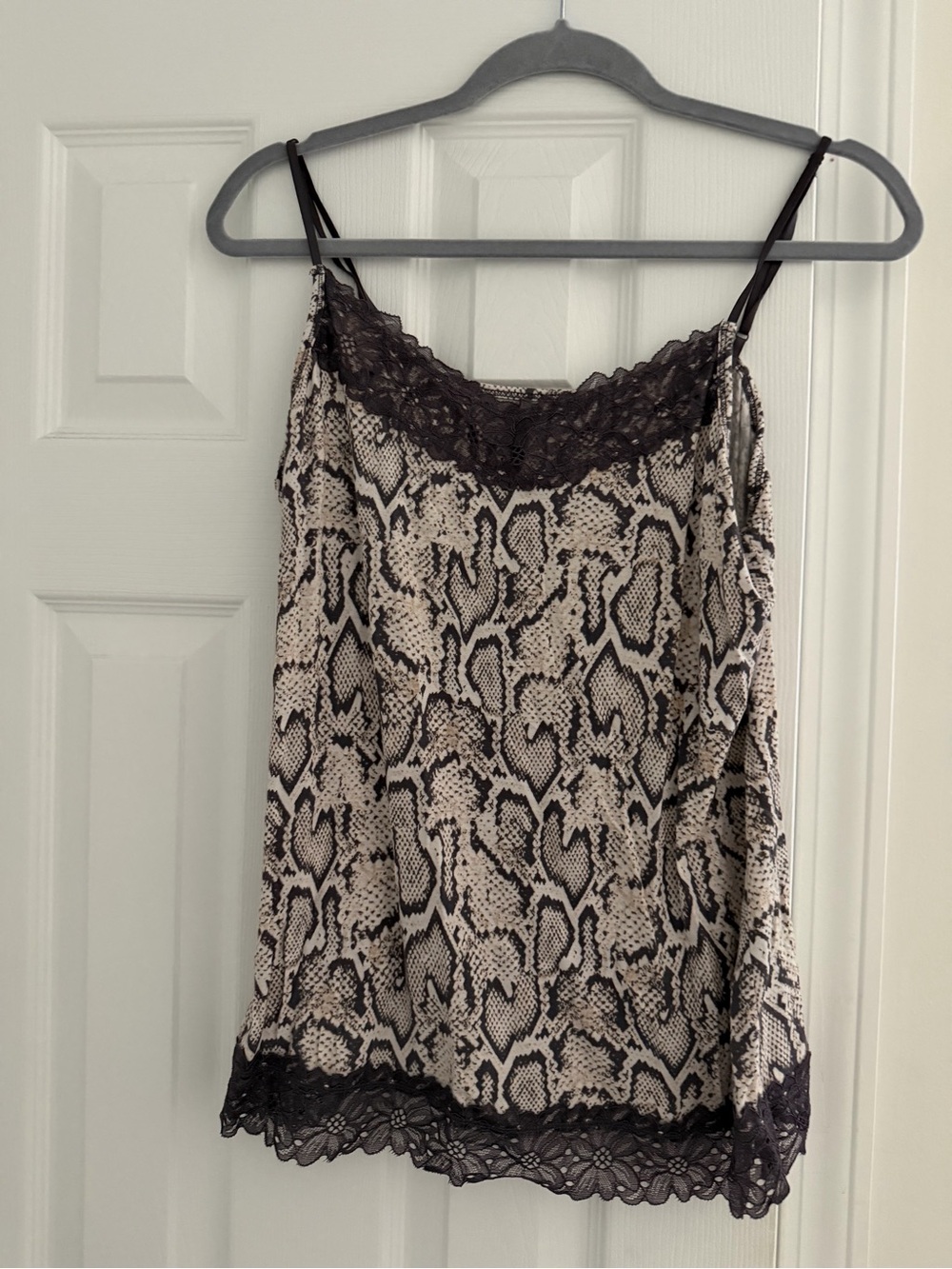 Lace Trim Snake Print Cami Top - Black/Beige